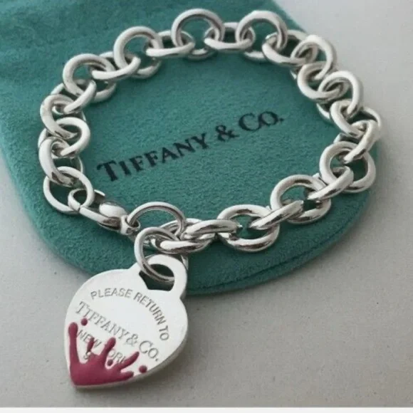 Rare Tiffany & Co. Pink Splash Return to Tiffany Heart Tag Silver Charm Bracelet - Picture 4 of 8